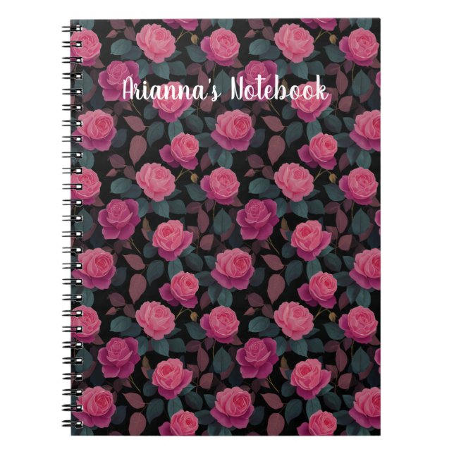 Dark Floral Pink Rose Pattern Custom Notebook (Front)