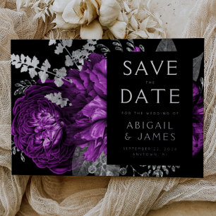 Dark Floral Plum Silver Wedding Save the Date