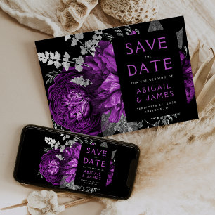 Dark Floral Plum Silver Wedding Save the Date Invitation