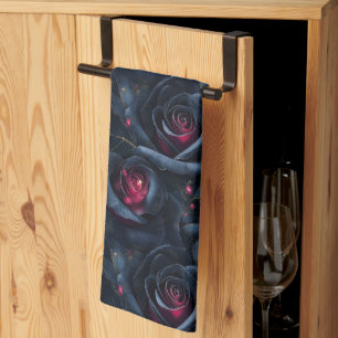Dark Floral Seamless Pattern -Black Roses and Ruby Kitchen Towel