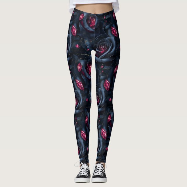 Dark Floral Seamless Pattern -Black Roses and Ruby Leggings (Front)