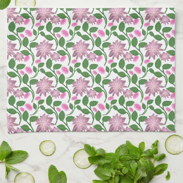 Dark Floral Seamless Pattern Pink Flowers Green Le Kitchen Towel (Folded)
