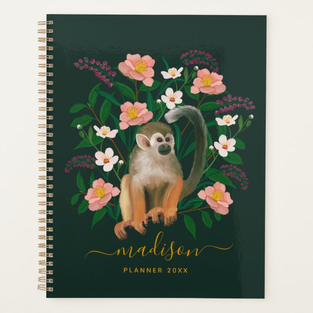 Dark Floral Squirrel Monkey Personalized 2023 Planner (Front)