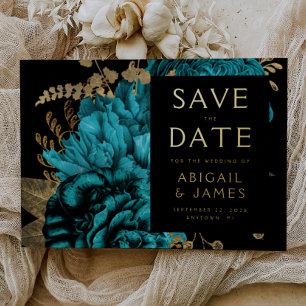 Dark Floral Turquoise Gold Wedding Save the Date
