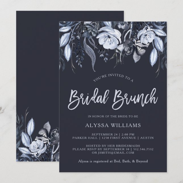 Dark Floral | Watercolor Blue Bridal Brunch Invitation (Front/Back)