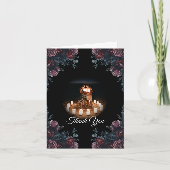 Dark Floral Wedding Gothic Black Elegant Thank You Card (Front)