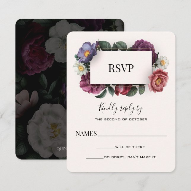 Dark Florals Modern Wedding Reply Card (Front/Back)