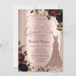 Dark Flowers Crown Rose Gold Dress Quinceañera   Invitation