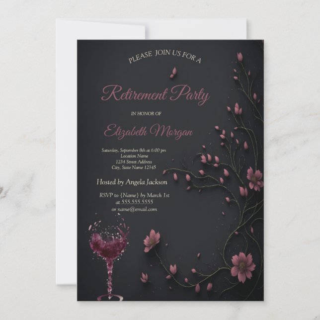 Dark Flowers Gothic Wine Glass Retirement Part  Invitation (Front)