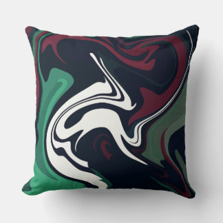 Dark Fluid Art with Green, white and Maroon Swirls Throw Pillow