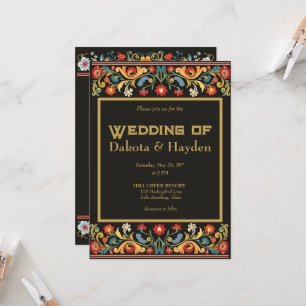 Dark folk art wedding invitation, gold script invitation
