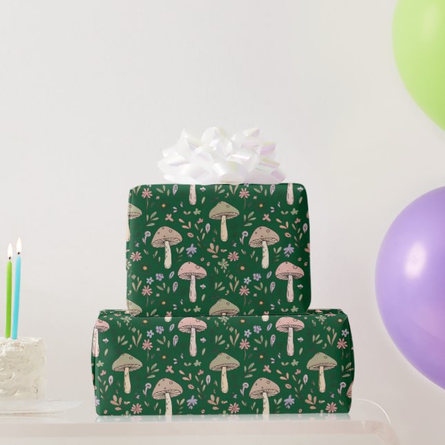 Dark Forest Emerald Fungi Seamless Pattern Moody Wrapping Paper (Party Gifts)