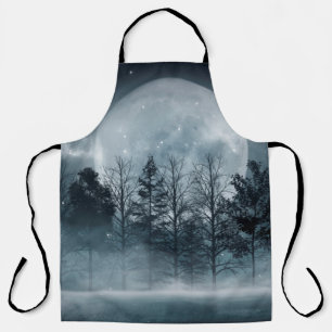 Dark forest. Gloomy dark scene with trees, big moo Apron