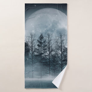 Dark forest. Gloomy dark scene with trees, big moo Bath Towel