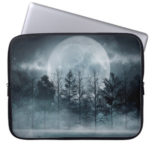 Dark forest. Gloomy dark scene with trees, big moo Laptop Sleeve