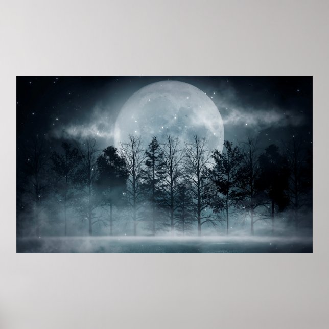 Dark forest. Gloomy dark scene with trees, big moo Poster (Front)