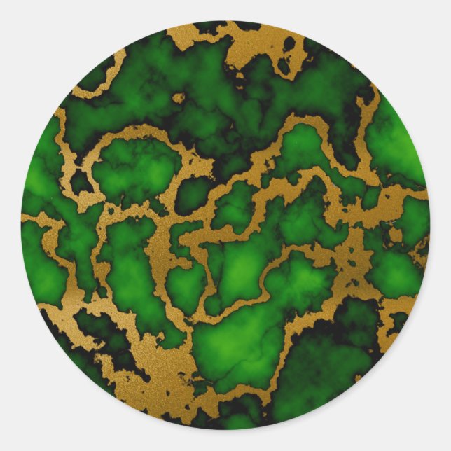 Dark Forest Green and Gold Marble Texture Design Classic Round Sticker (Front)