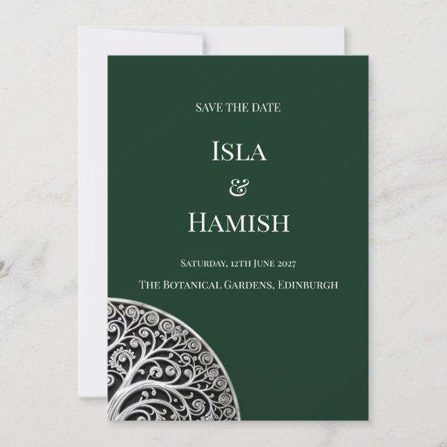 Dark Forest Green Celtic Tree Save The Date Card (Front)