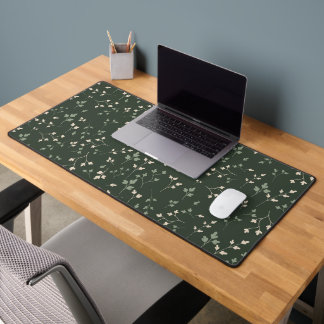 Dark Forest Green Ditsy Botanical Leaf Pattern Desk Mat