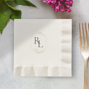 Dark Forest Green Ecru Floral Monogram Wedding  Napkin