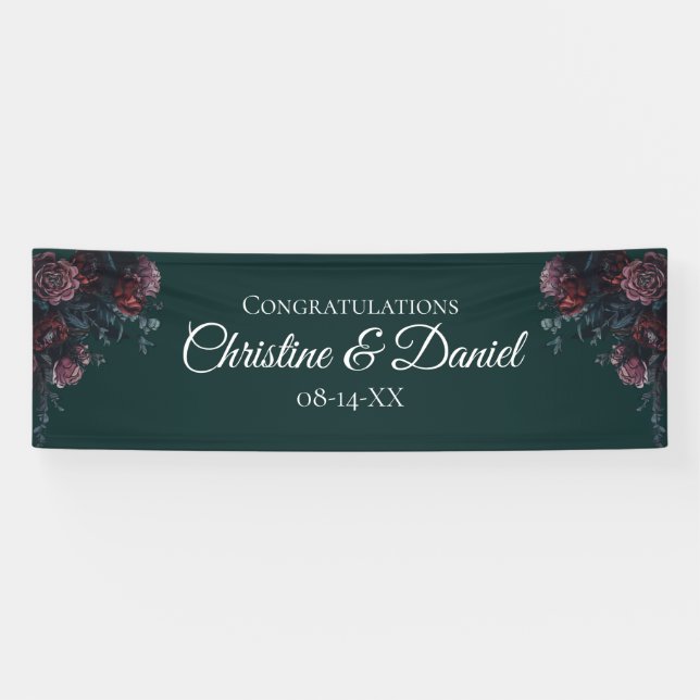 Dark Forest Green Elegant Wedding Maroon Mauve Banner (Horizontal)