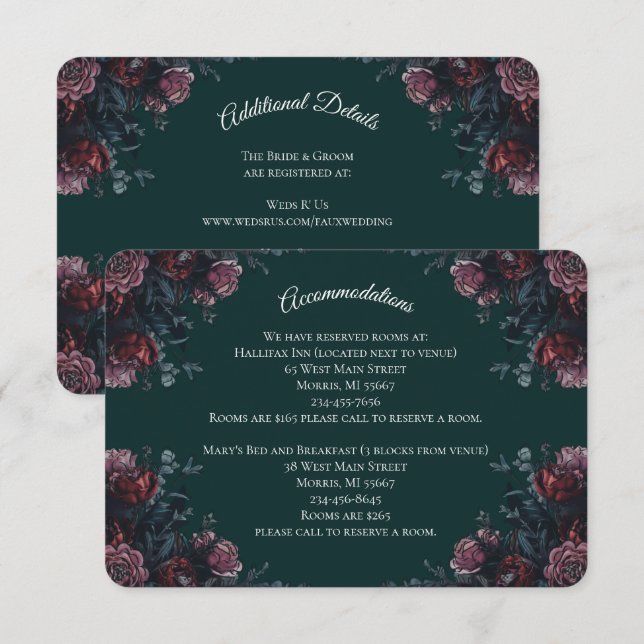 Dark Forest Green Elegant Wedding Maroon Mauve Enclosure Card (Front/Back)
