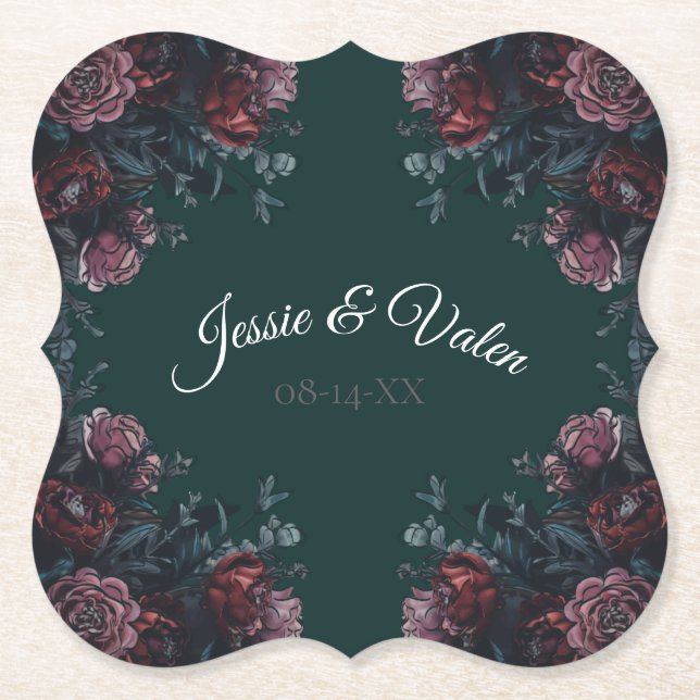 Dark Forest Green Elegant Wedding Maroon Mauve Paper Coaster (Front)