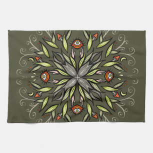 Dark Forest Green Goblincore Mushroom Eyes Trippy Kitchen Towel