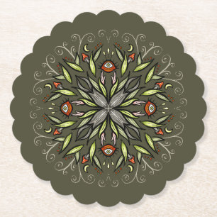 Dark Forest Green Goblincore Mushroom Eyes Trippy Paper Coaster