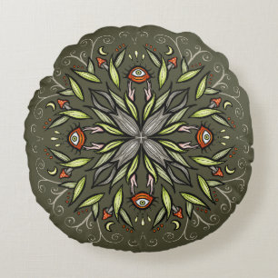 Dark Forest Green Goblincore Mushroom Eyes Trippy Round Pillow