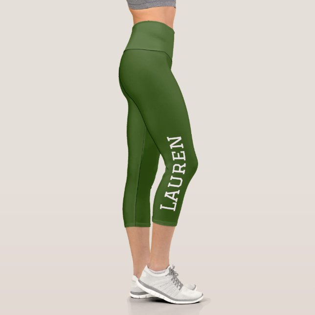 Dark Forest Green Personalized Name Solid Colour  Capri Leggings (Right)