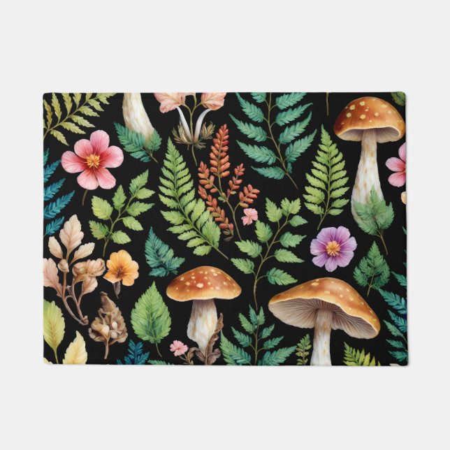 Dark Forest Mushroom Fern Pattern Woodland Doormat (Front)