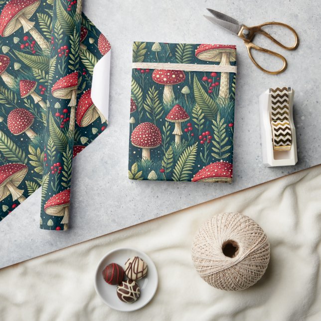 Dark Forest Mushrooms and Ferns Pattern Wrapping Paper (Crafts)