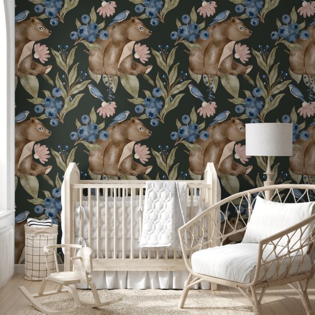  Dark Forest Watercolor Deer & Greenery Wallpaper  (Kids)
