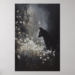 Dark Fox Floral Moon Art Printable Mystical Poster