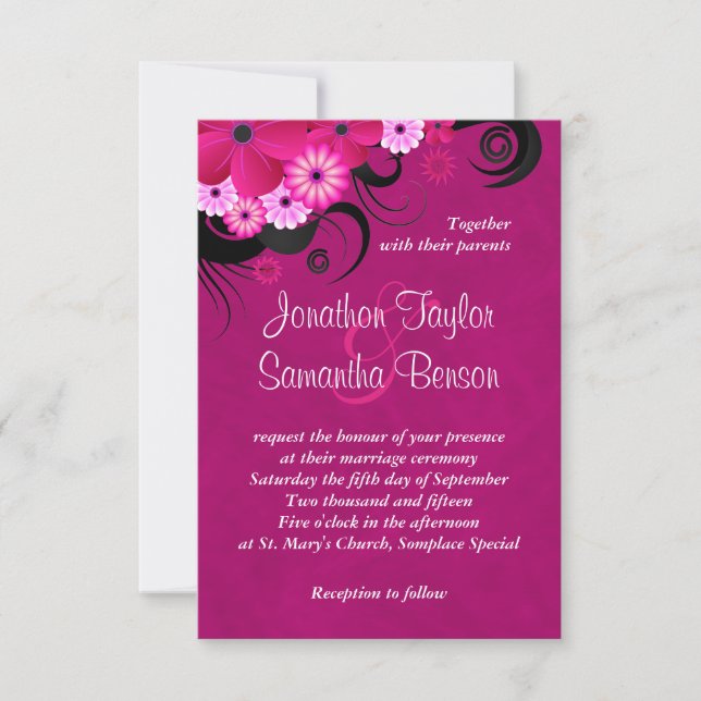 Dark Fuchsia Floral 3.5" x 5" Wedding Invites (Front)