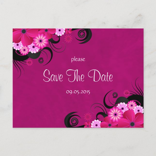 Dark Fuchsia Floral Save The Date Announcements Postcard (Front)