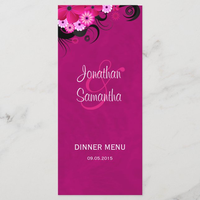 Dark Fuchsia Floral Wedding Dinner Menu Cards (Front)