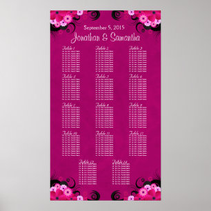 Dark Fuschia Floral 14 Wedding Table Seating Chart