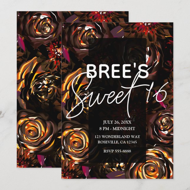 Dark Garden Autumn Flowers Fall Sweet 16 Party Invitation (Front/Back)