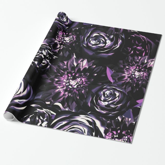 Dark Garden Bewitching Purple Glam Flowers Wedding Wrapping Paper (Unrolled)