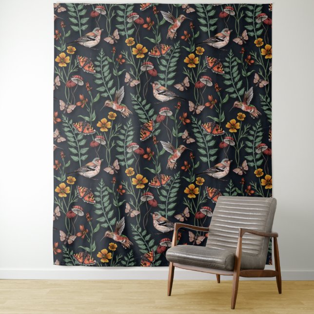 Dark Garden Birds & Butterflies Tapestry (In Situ)