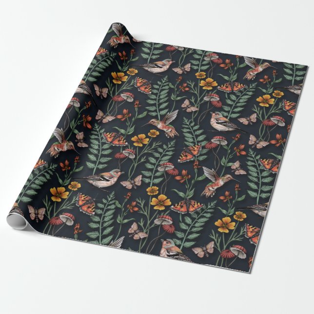 Dark Garden Birds & Butterflies Wrapping Paper (Unrolled)