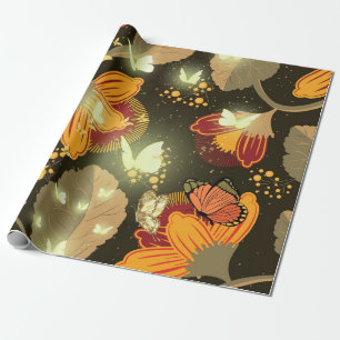 Dark Garden Flowers and Lighten Butterflies Wrapping Paper