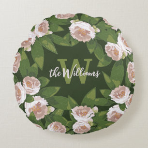 Dark Garden Harmony: Camellias and Greenery Round Pillow