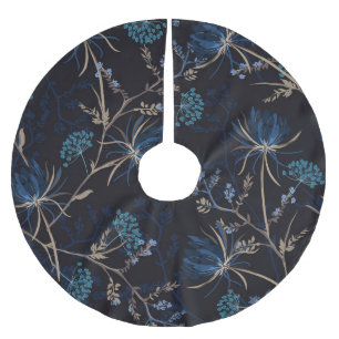 Dark Garden: Monotone Blue Floral Brushed Polyester Tree Skirt