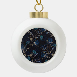 Dark Garden: Monotone Blue Floral Ceramic Ball Christmas Ornament