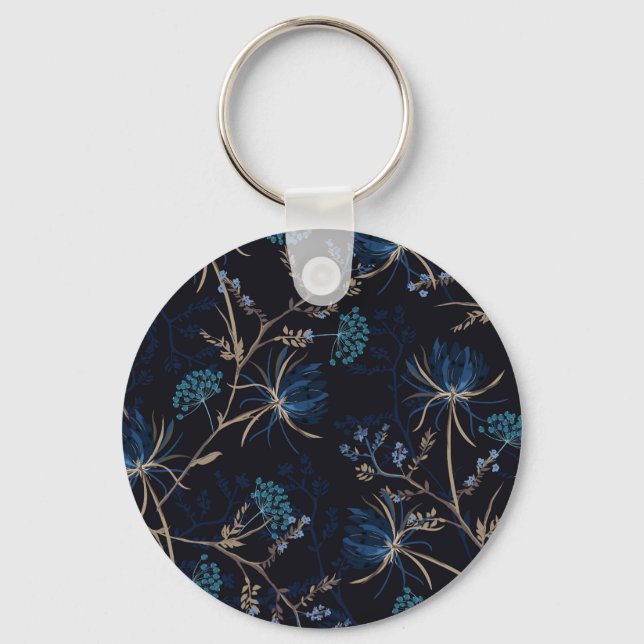 Dark Garden: Monotone Blue Floral Keychain (Front)