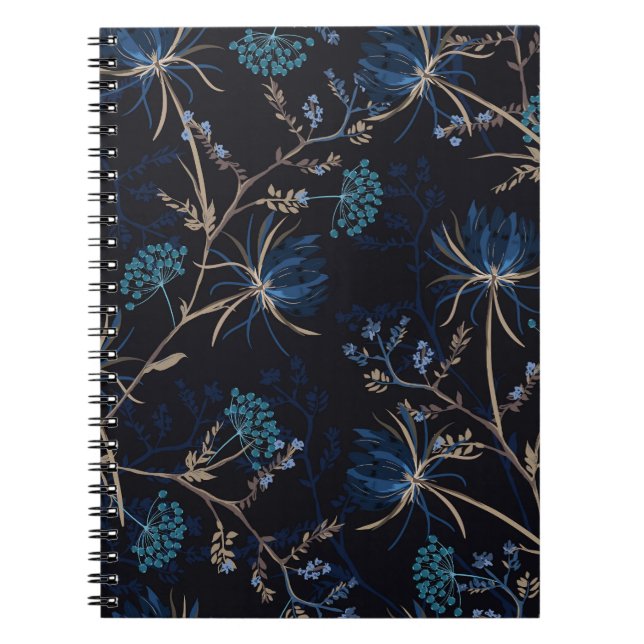 Dark Garden: Monotone Blue Floral Notebook (Front)