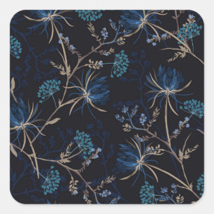 Dark Garden: Monotone Blue Floral Square Sticker